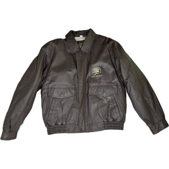 North American Hunting Club Life Member Leather Embroided Bomber Jacket Size L - Picture 1 of 10